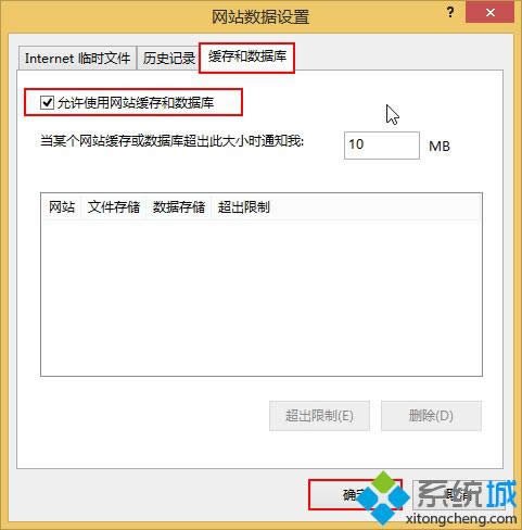 勾选“允许使用网站缓存和数据库”选项